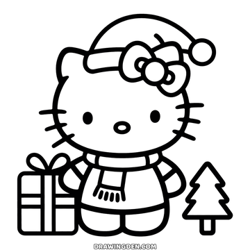 Drawing to color: Hello Kitty at Christmas in a Santa hat and a scarf with a fringed end