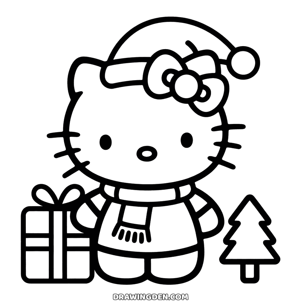 Drawing to color: Hello Kitty at Christmas in a Santa hat and a scarf with a fringed end