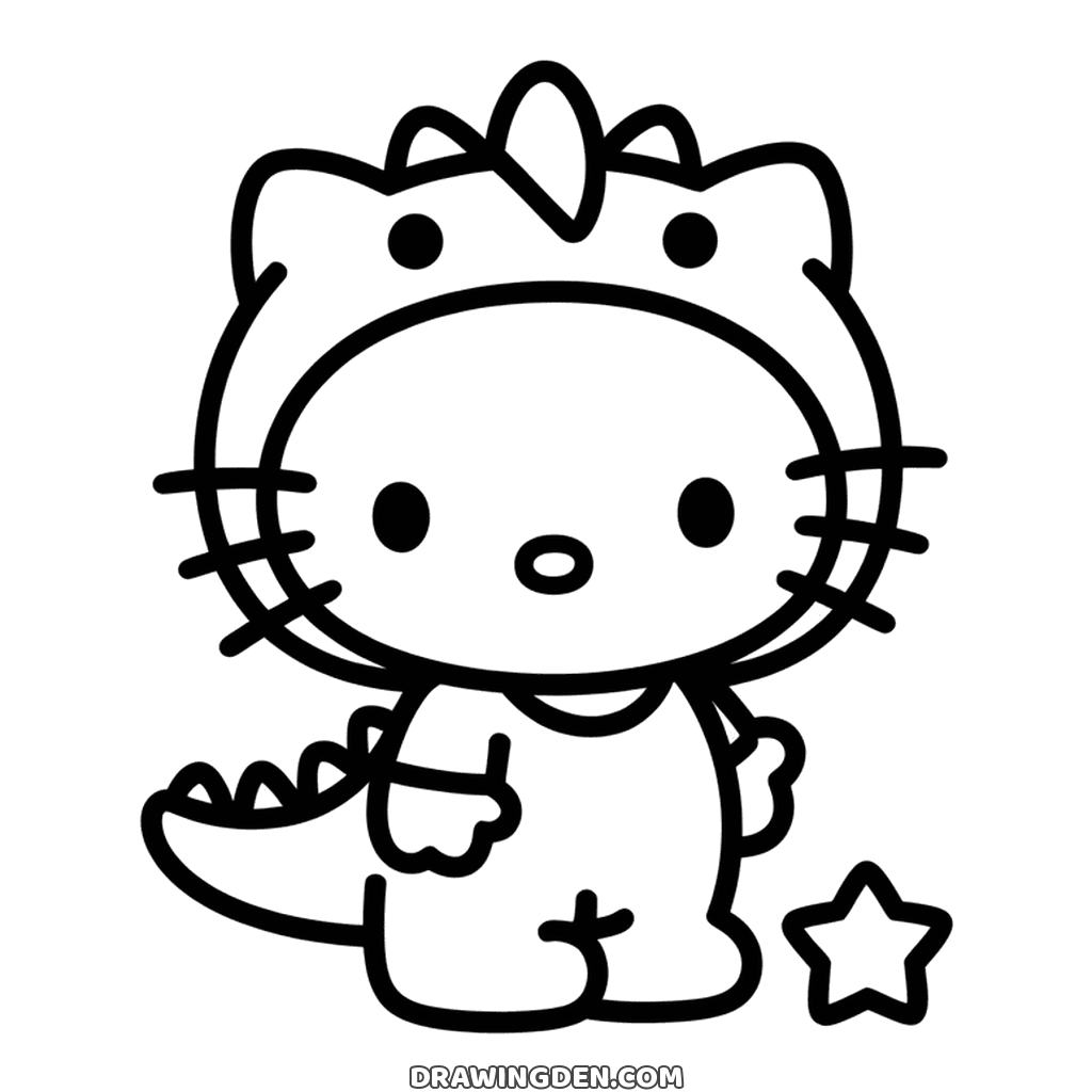 Hello Kitty wearing a dinosaur costume with a spiky hood and a tail, a star beside her
