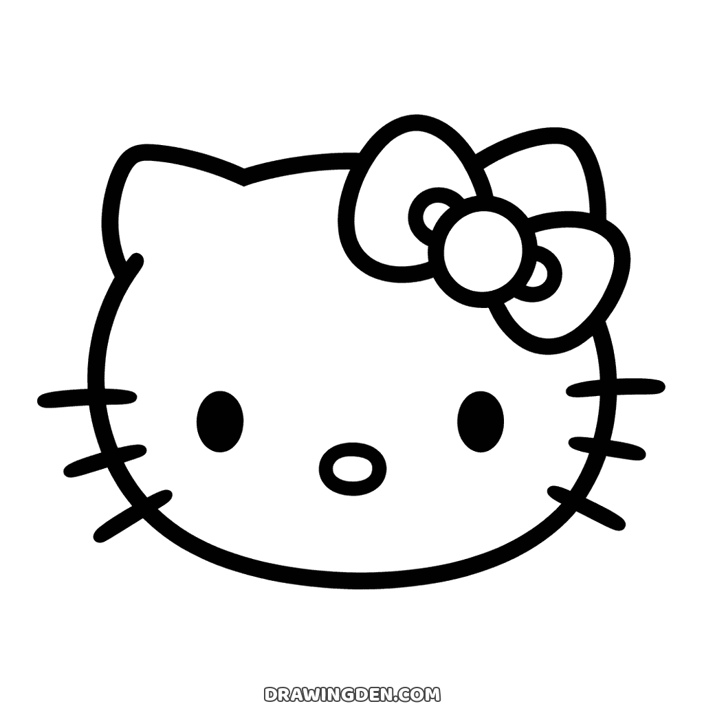 Coloring page: Hello Kitty face filling the sheet with the bow on one ear, two oval eyes and three whiskers each side