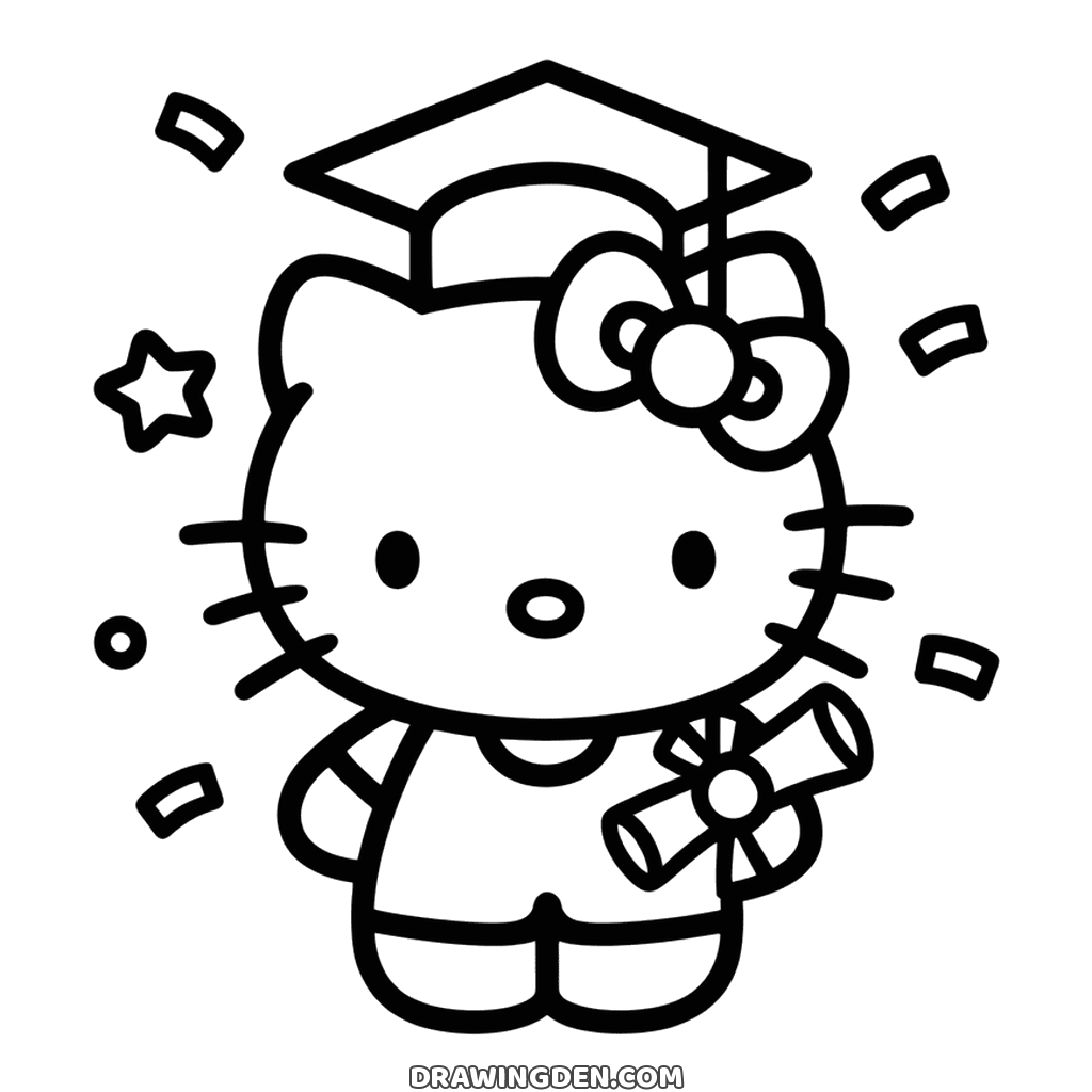 Hello Kitty in a graduation cap holding a rolled diploma, confetti and stars around her