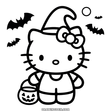 Hello Kitty in a pointed halloween witch hat with a bow, holding a pumpkin pail, bats flying above her