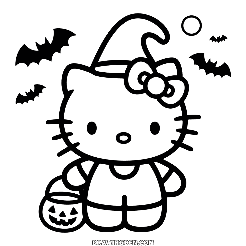 Hello Kitty in a pointed halloween witch hat with a bow, holding a pumpkin pail, bats flying above her