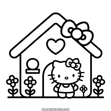 Hello Kitty standing in the doorway of a house with a bow on the roof, a heart above the door and flowers in front