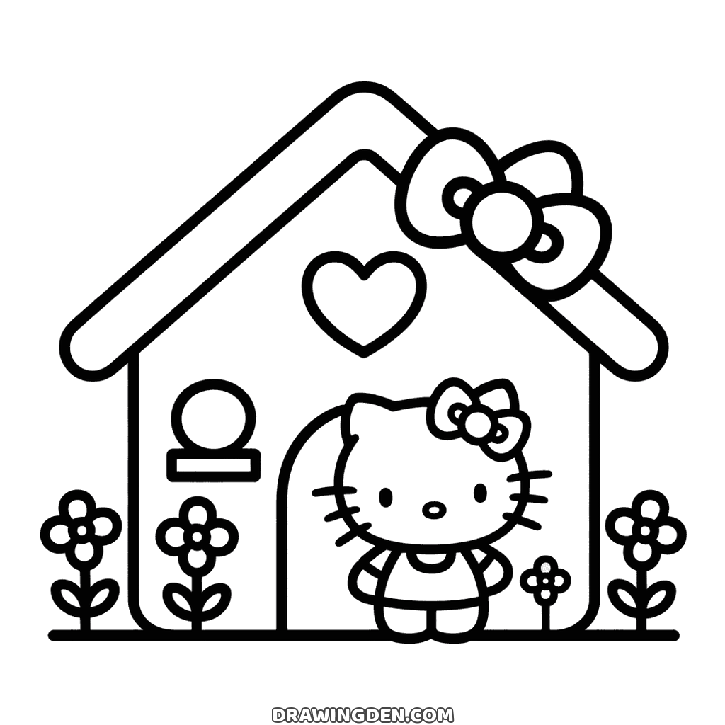 Hello Kitty standing in the doorway of a house with a bow on the roof, a heart above the door and flowers in front