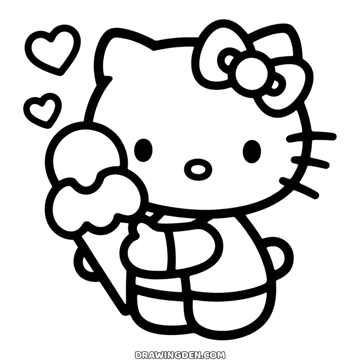 Hello Kitty holding an ice cream cone up to her face, little hearts floating around
