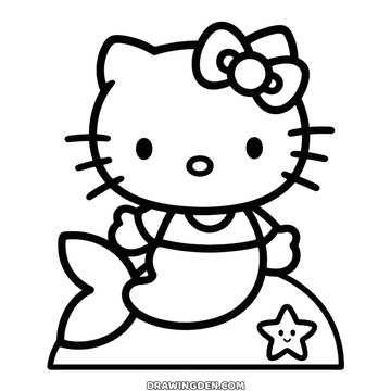 Kids drawing: Hello Kitty mermaid in a simple top with a round collar, her tail curving up to a fin