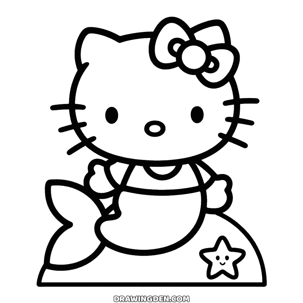 Kids drawing: Hello Kitty mermaid in a simple top with a round collar, her tail curving up to a fin