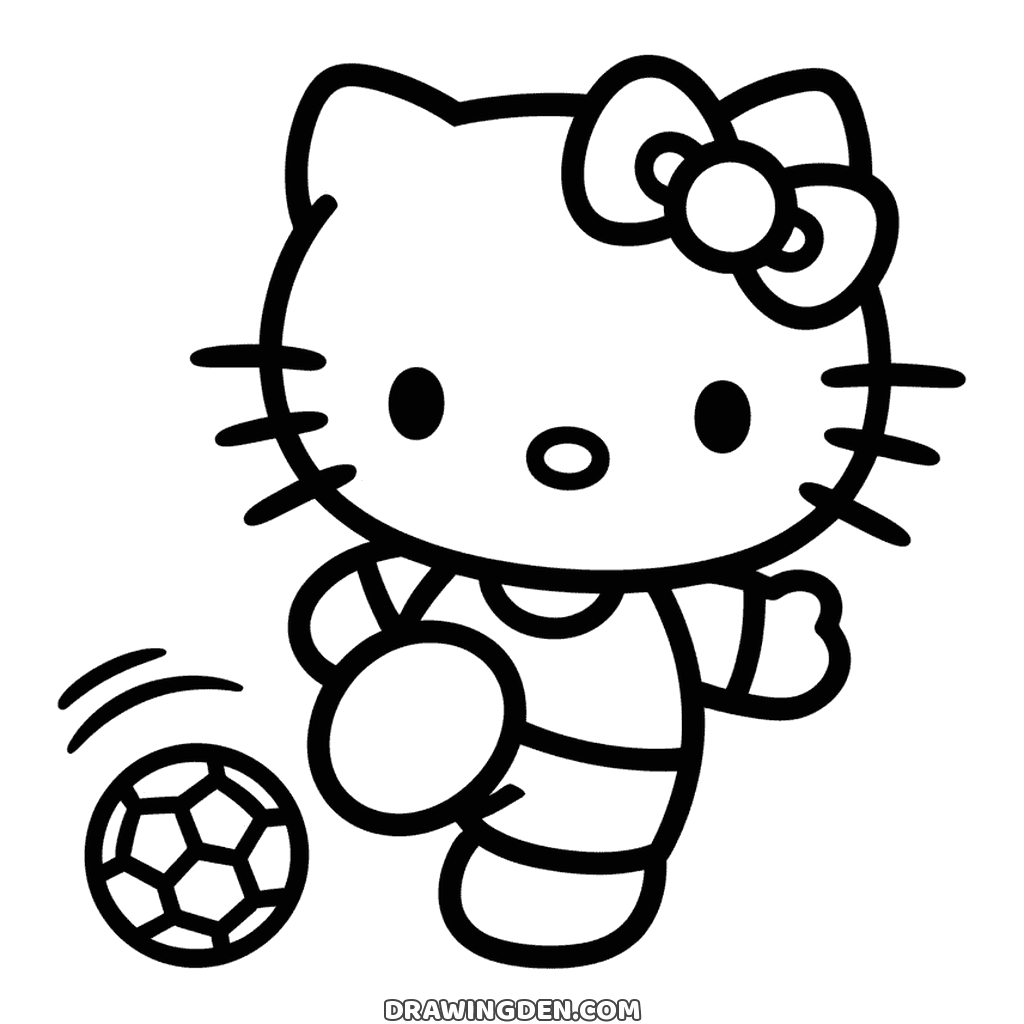 Hello Kitty playing soccer, one foot kicking a ball that flies off to the side