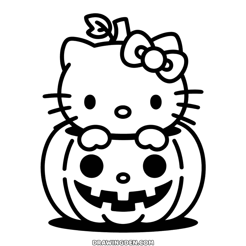 Picture to color: Hello Kitty looking out of a carved Halloween pumpkin with both paws over the rim and a leaf on the stalk