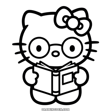 Hello Kitty wearing round glasses and reading an open book held in both paws