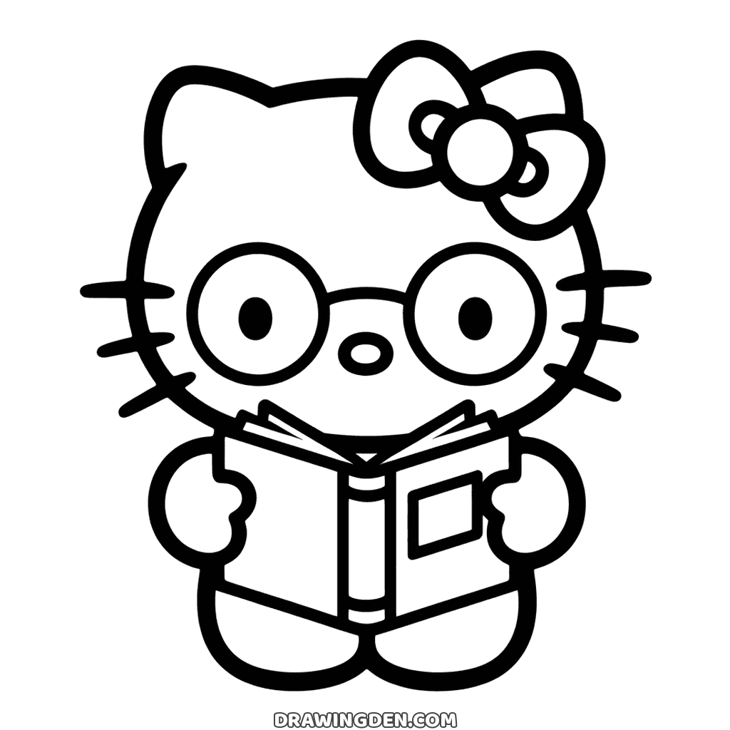 Hello Kitty wearing round glasses and reading an open book held in both paws