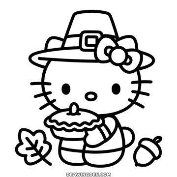 Hello Kitty in a pilgrim hat holding a pie for Thanksgiving, fall leaves and an acorn around her