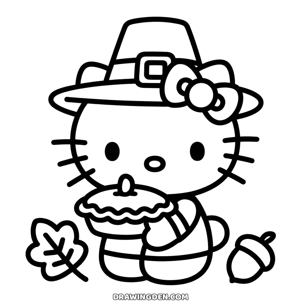 Hello Kitty in a pilgrim hat holding a pie for Thanksgiving, fall leaves and an acorn around her