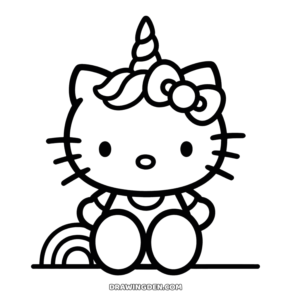 Hello Kitty sitting in a unicorn costume with a horn and mane, a little rainbow beside her