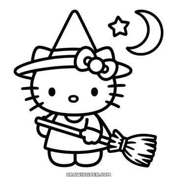 Hello Kitty dressed as a Halloween witch in a pointed hat, holding a broom, a moon and star behind