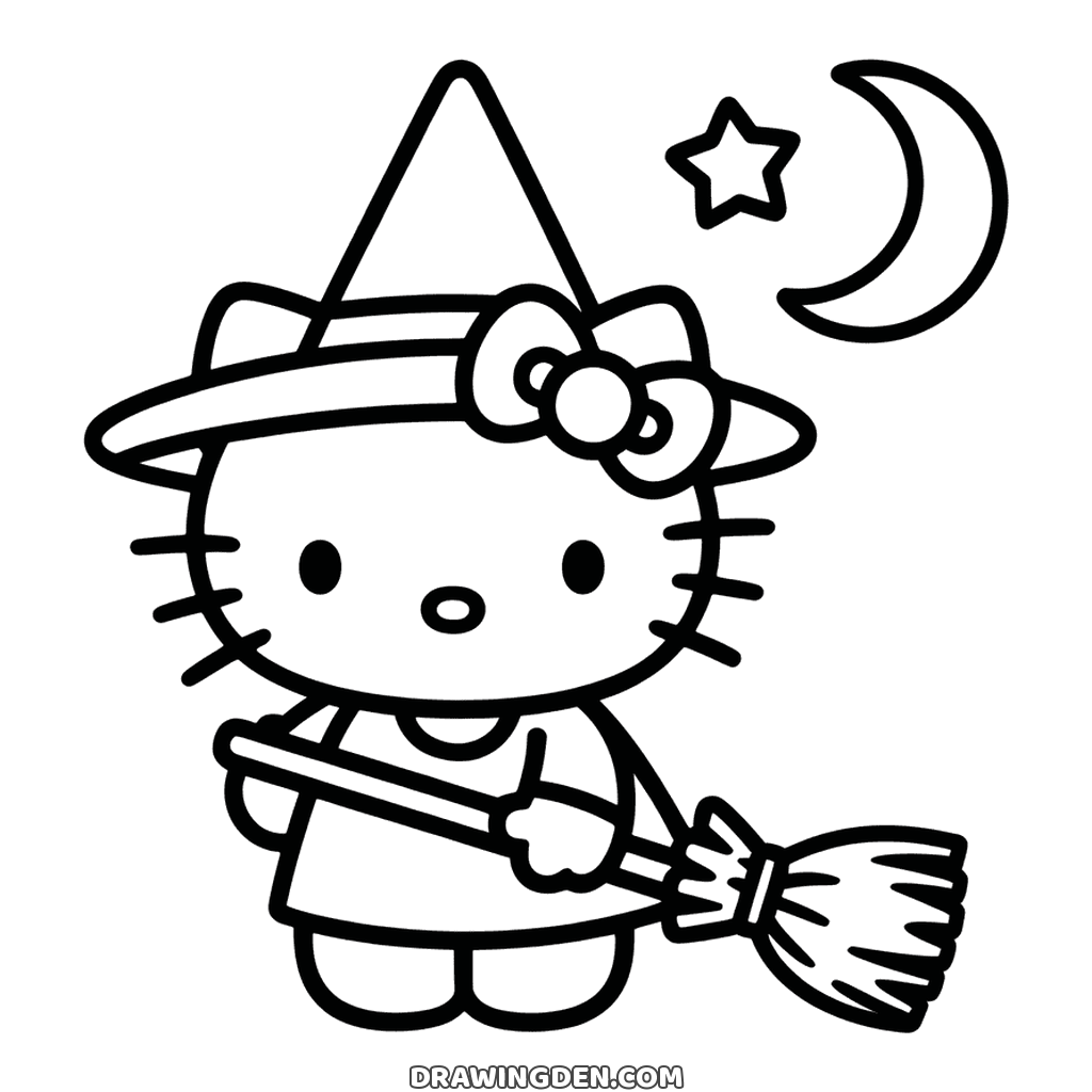 Hello Kitty dressed as a Halloween witch in a pointed hat, holding a broom, a moon and star behind