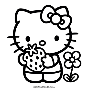 Hello Kitty holding a big strawberry with seeds, a flower growing beside her