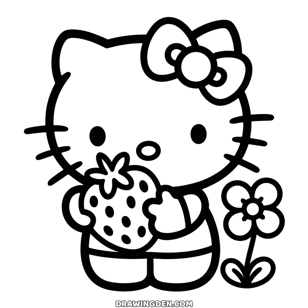 Hello Kitty holding a big strawberry with seeds, a flower growing beside her