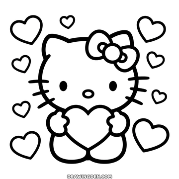 Easy drawing: Hello Kitty sitting and holding a large heart against her chest with more hearts of different sizes floating around her