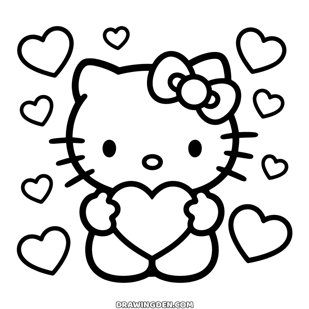 Easy drawing: Hello Kitty sitting and holding a large heart against her chest with more hearts of different sizes floating around her