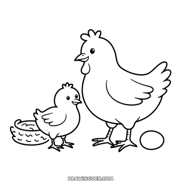 Farm hen standing with her chick beside her, an empty nest on one side and a single egg on the other