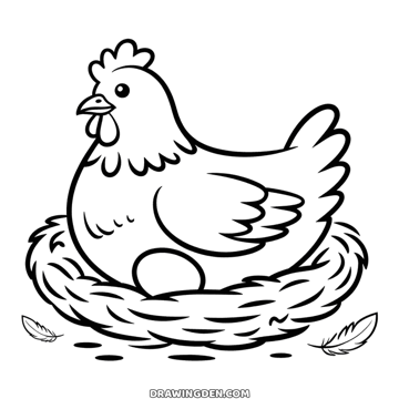 Hen sitting on a straw nest with one egg showing at the front and two feathers on the ground, farm chicken drawing
