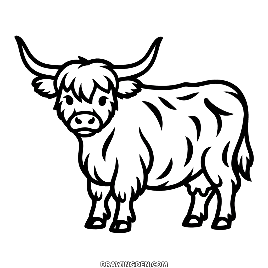 Highland cow drawing with long curved horns, a shaggy fringe falling over its eyes and a thick coat drawn in tufts