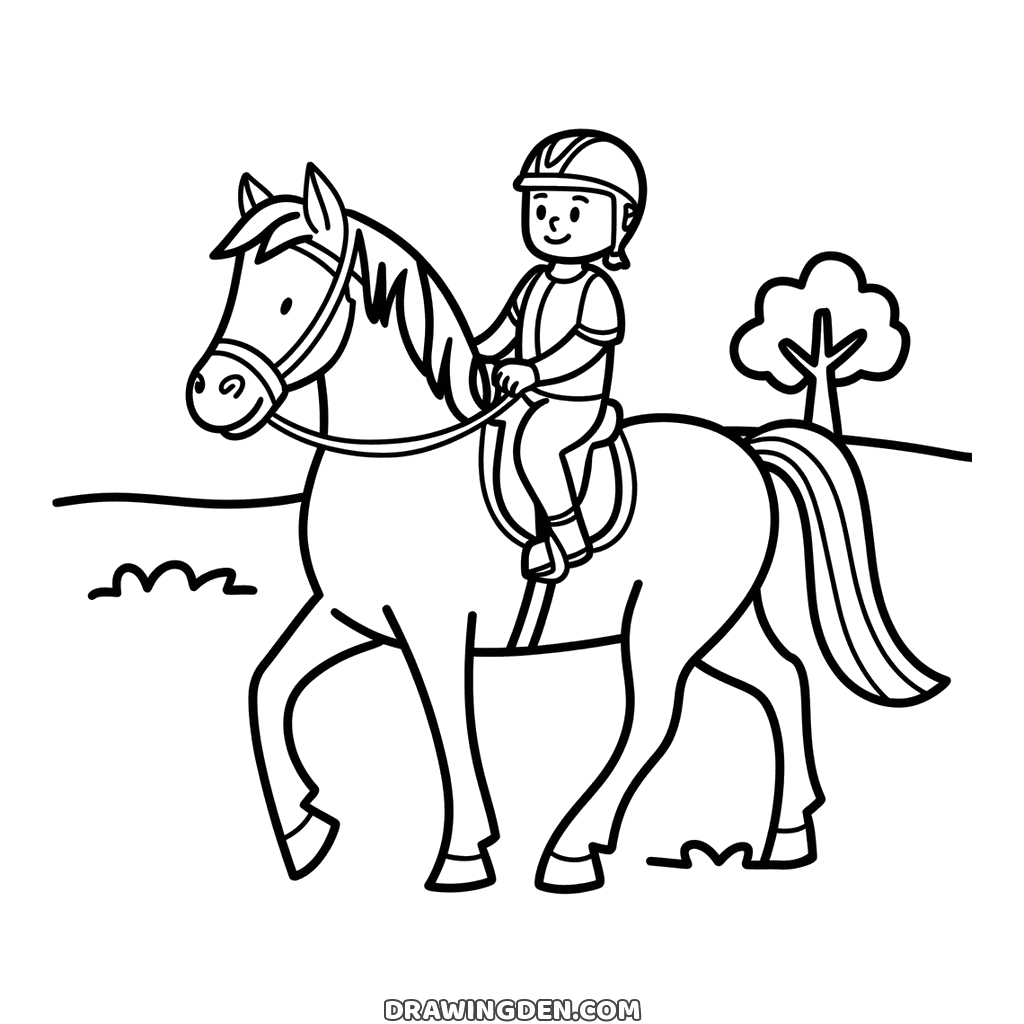 Bambina con il casco seduta su un cavallo al passo con un albero dietro, tavola di equitazione da stampare