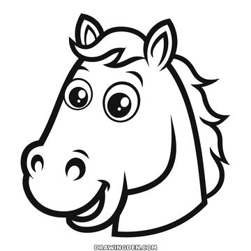 Cartoon horse head drawing filling the sheet with large eyes and a swept back mane, simple page to print