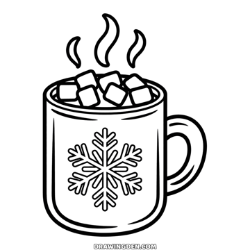 Mug of winter hot chocolate topped with marshmallows, steam rising and a snowflake on the side