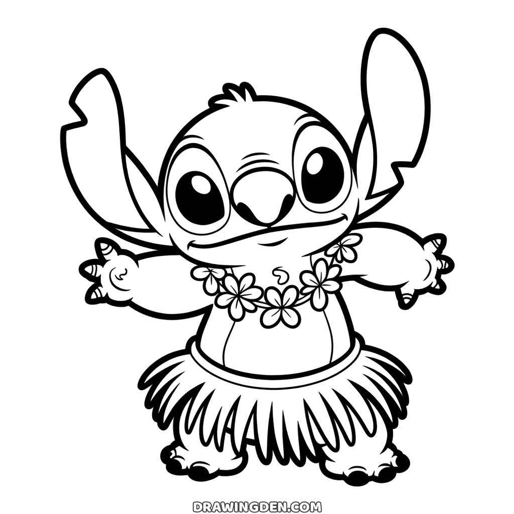 Hula Stitch in a grass skirt and a lei of flowers, arms spread wide as he dances