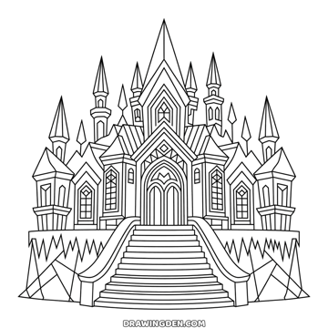Detailed winter ice castle with many pointed spires, arched windows and a wide staircase leading up to the gate