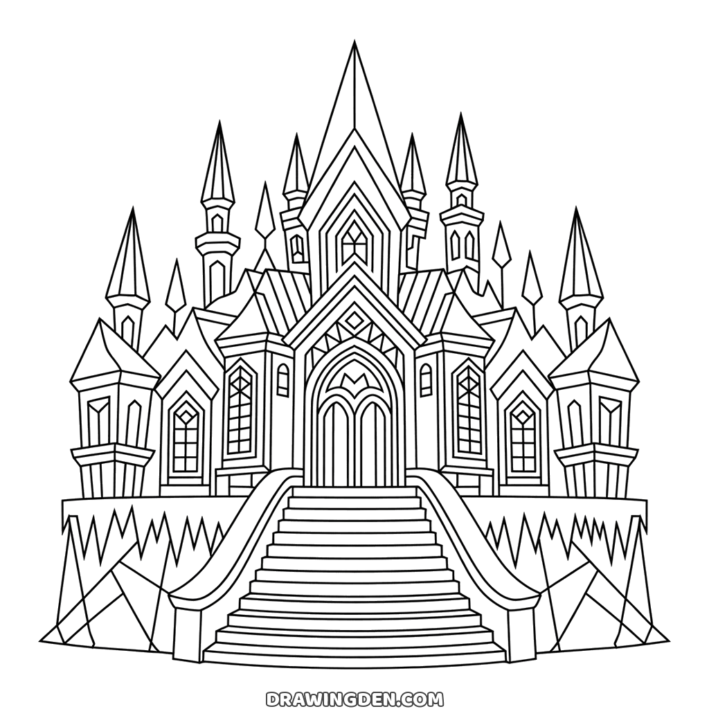 Detailed winter ice castle with many pointed spires, arched windows and a wide staircase leading up to the gate