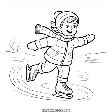 Child ice skating on a frozen lake in winter, arms spread for balance, one leg lifted behind