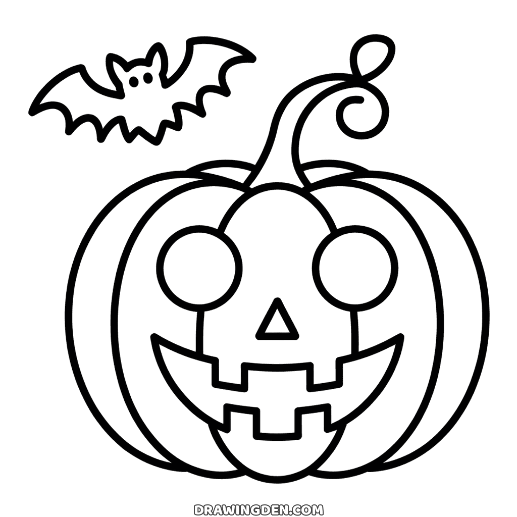 Halloween jack-o'-lantern coloring page: a carved pumpkin with round eyes, a triangle nose and a square-toothed grin, bat above