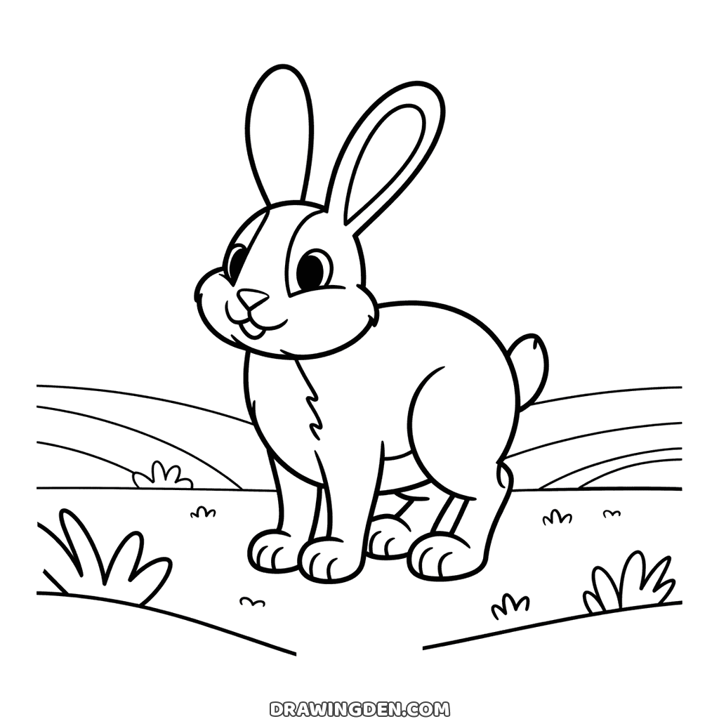 Easy rabbit drawing in a field with tufts of grass and a horizon line behind it