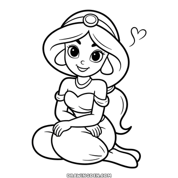 Princess Jasmine kneeling with a headband, long ponytail and a small heart floating beside her head