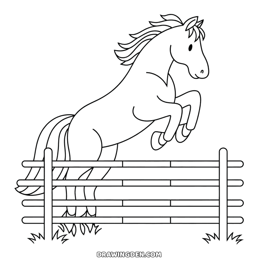 Horse jumping a wooden fence with all four legs off the ground and the mane flying, drawing to print