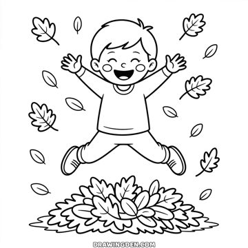 Laughing child jumping into a pile of fall leaves with arms in the air, leaves flying all around