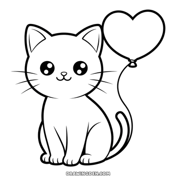 Kawaii cat drawing sitting with a heart shaped balloon on a string held above its head, cute page