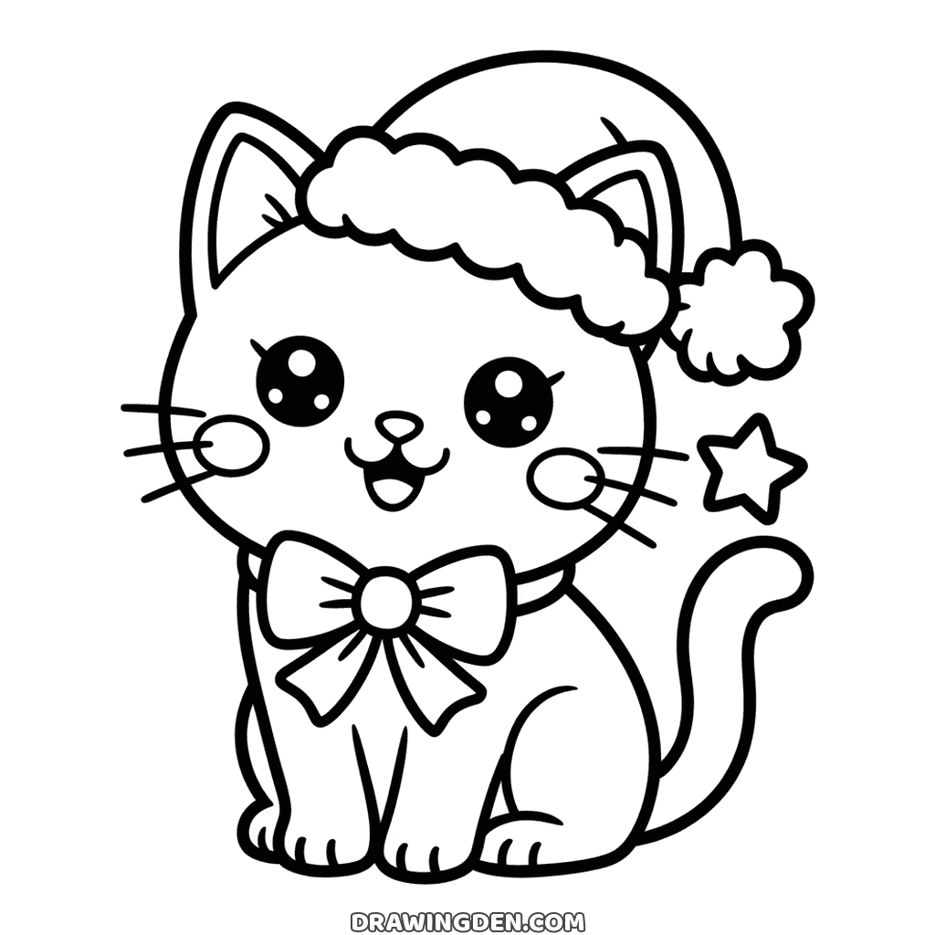 Kawaii Christmas cat with huge eyes, a Santa hat and a big bow at its neck, a little star beside it