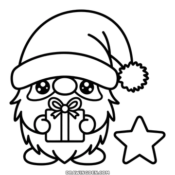 Free christmas gnome coloring page to print, a bearded gnome under a large hat holding a wrapped gift
