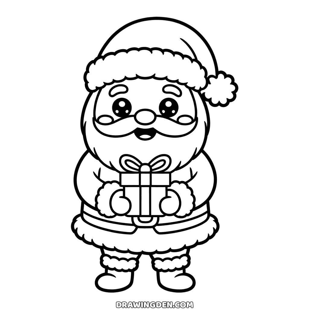 Dessin gratuit de Père Noël kawaii à imprimer, tenant un cadeau emballé
