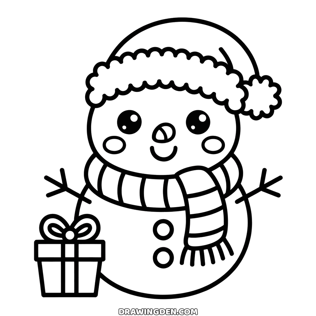 Bonhomme de neige kawaii à imprimer gratuitement, avec bonnet de Père Noël et écharpe rayée