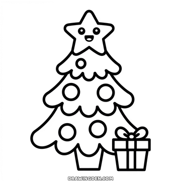 Christmas tree drawing for kids: three scalloped tiers, round baubles and a smiling star