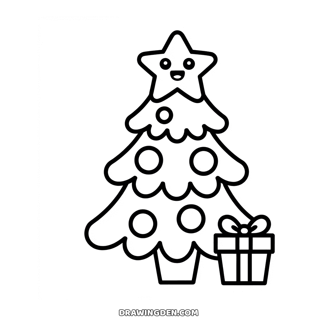 Sapin de Noël kawaii gratuit à imprimer, avec une étoile souriante et des boules rondes