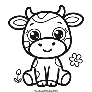 Kawaii cow sitting with big shiny eyes and lashes, a patch on its head and a small smile, a little flower on each side