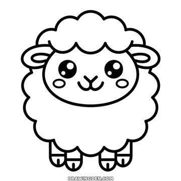 Kawaii sheep seen from the front, a round face with shiny eyes and round cheeks inside a fluffy coat, four short legs below