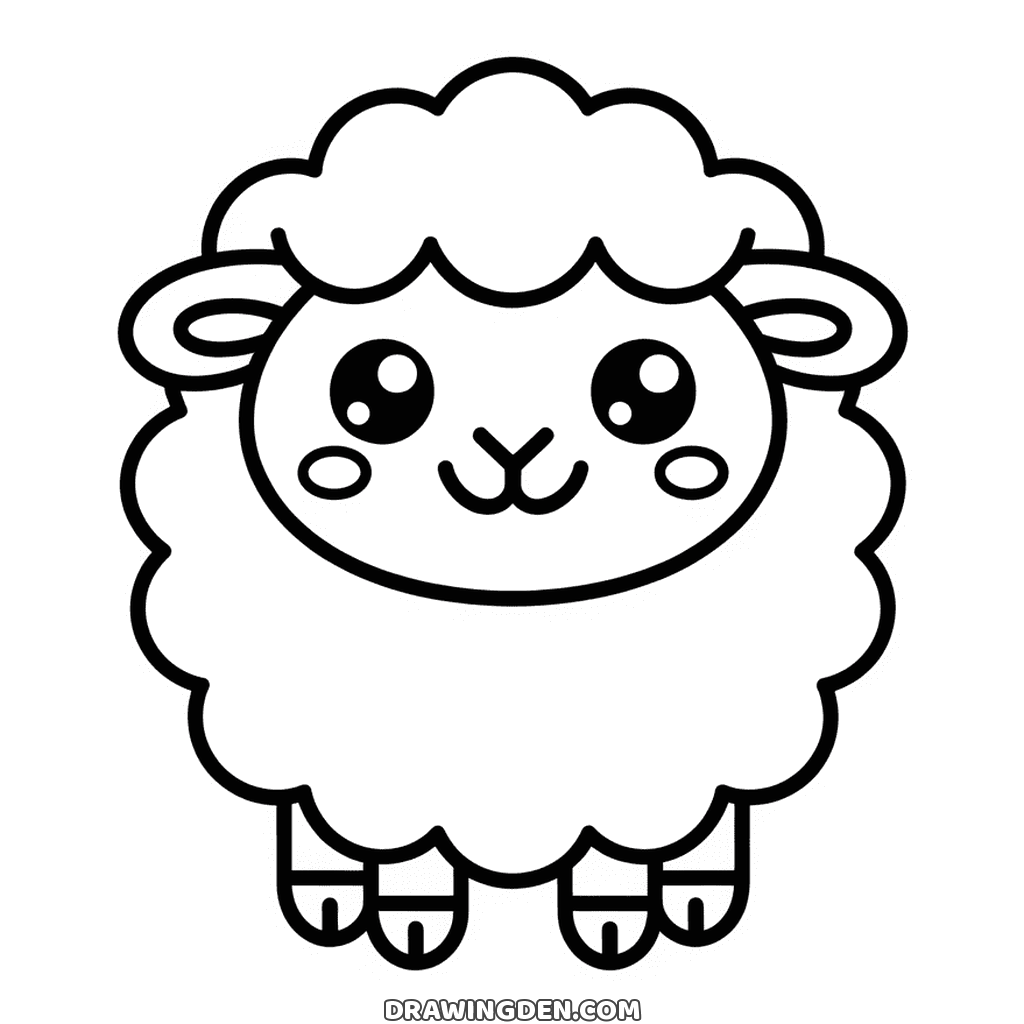 Kawaii sheep seen from the front, a round face with shiny eyes and round cheeks inside a fluffy coat, four short legs below
